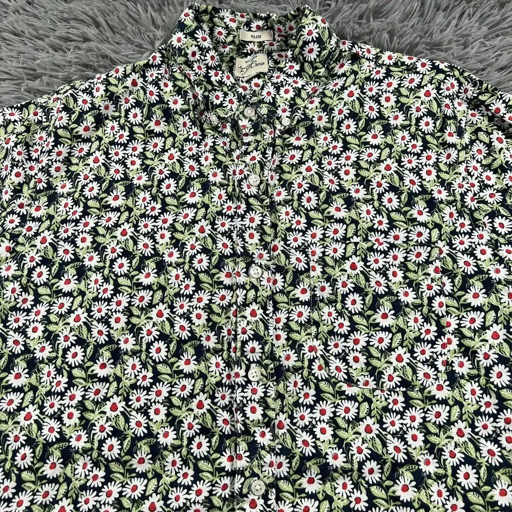 J Crew Adult Shirt Medium Green White Button Down Linen Floral All Over Mens